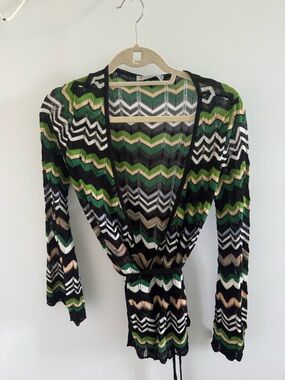 Missoni Chevron Knit Wrap Cardigan in Green, Black & Cream